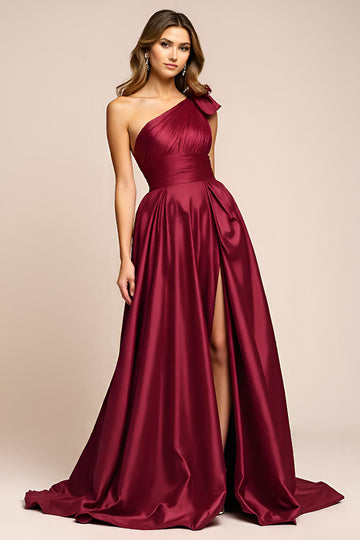 Élégante Une Ligne Bourgogne Une Épaule Longue Robe De Bal En Satin Avec Fente